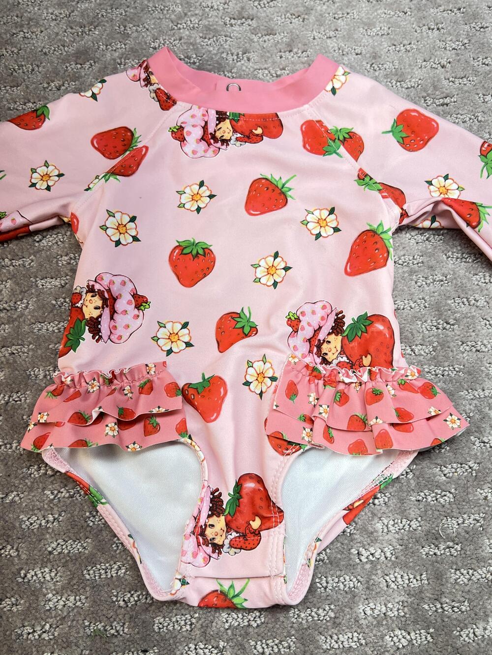 Strawberry Shortcake One Piece Swimsuit Girls 6-9M Pink Long Sleeve Ruffle